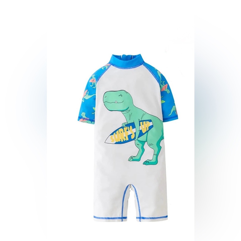 Amazon Kids Blue Sleeve White One-Piece Swimsuit with Green Dino size 2-3 T